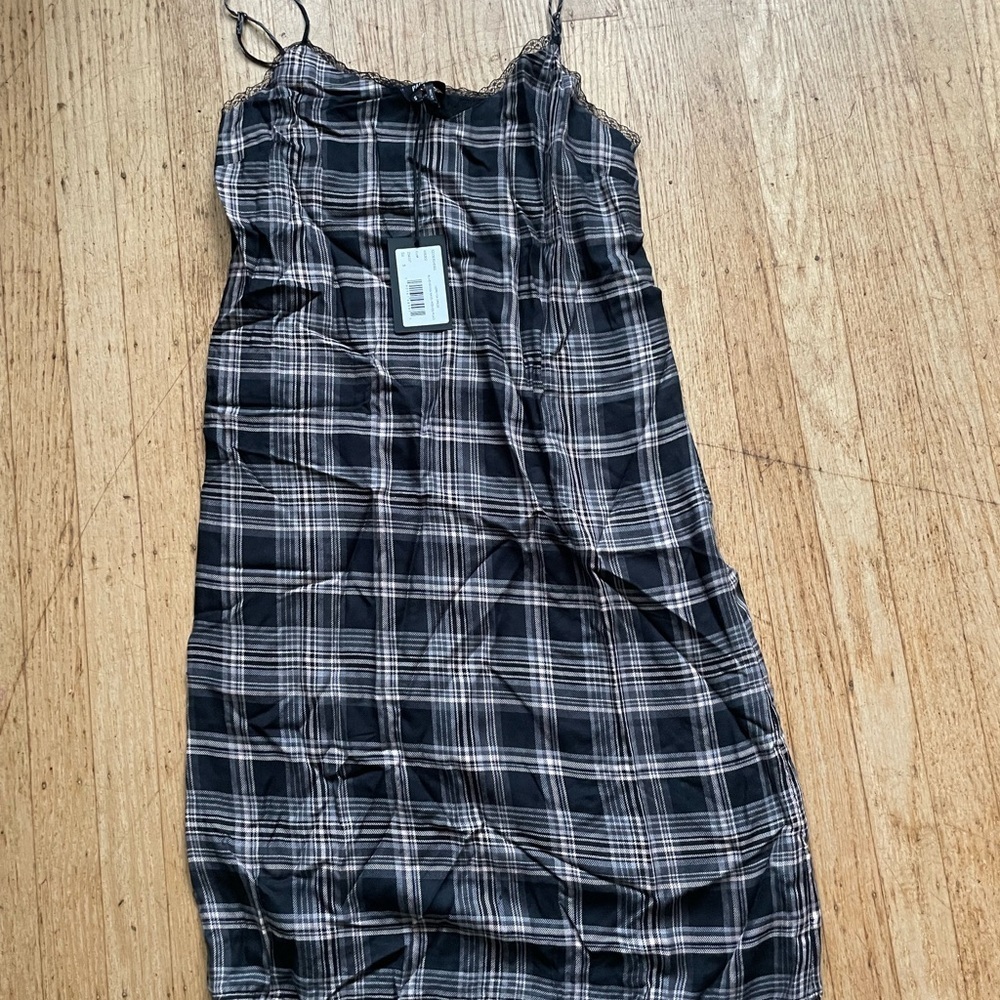 PAIGE spaghetti strap plaid and lace dress
